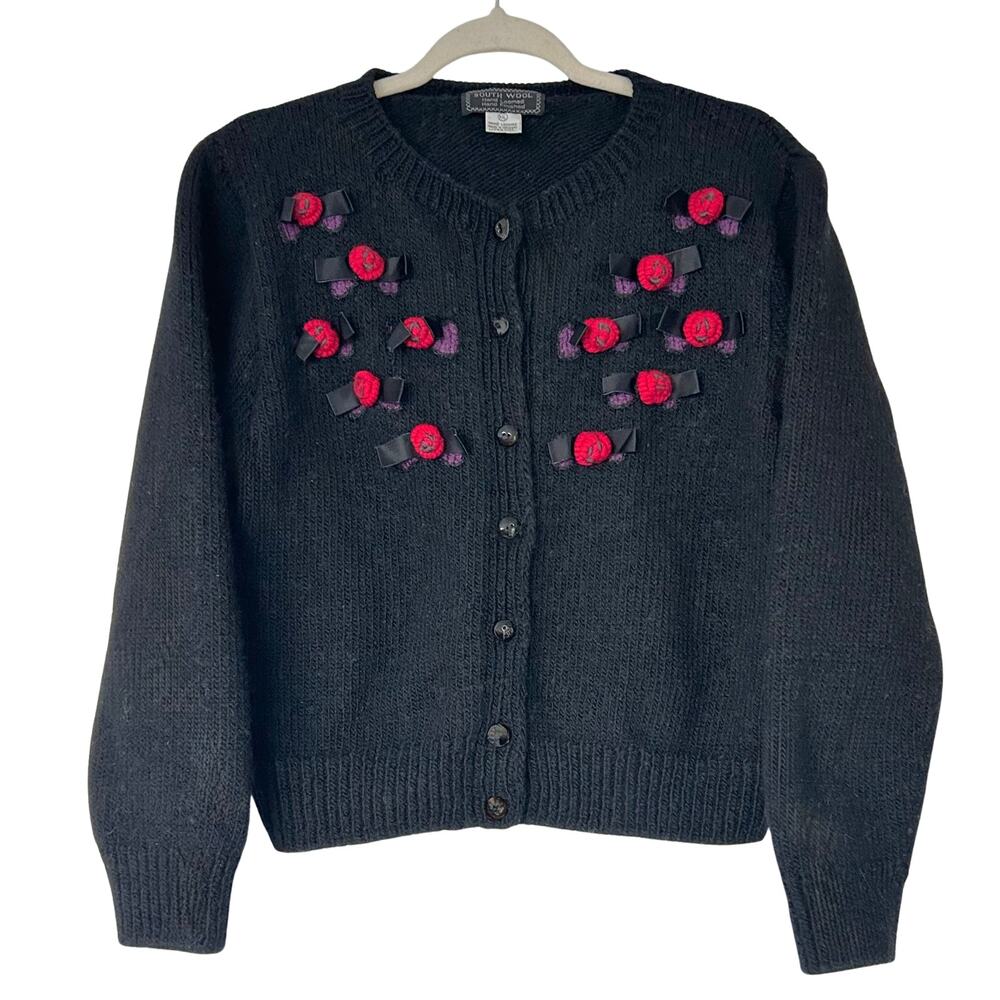 Vintage 90s South Wool Hand Loomed Virgin Wool Cardigan Black Rosette M/L